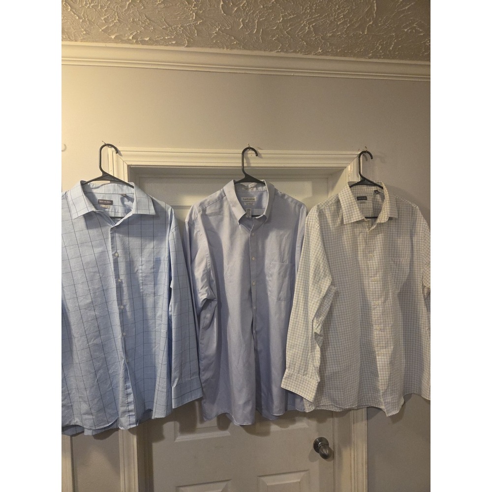 Men's 17.5 - 32/33‎ Van Heusen Long Sleeve Dress Shirt - LOT OF 3 Blue/White